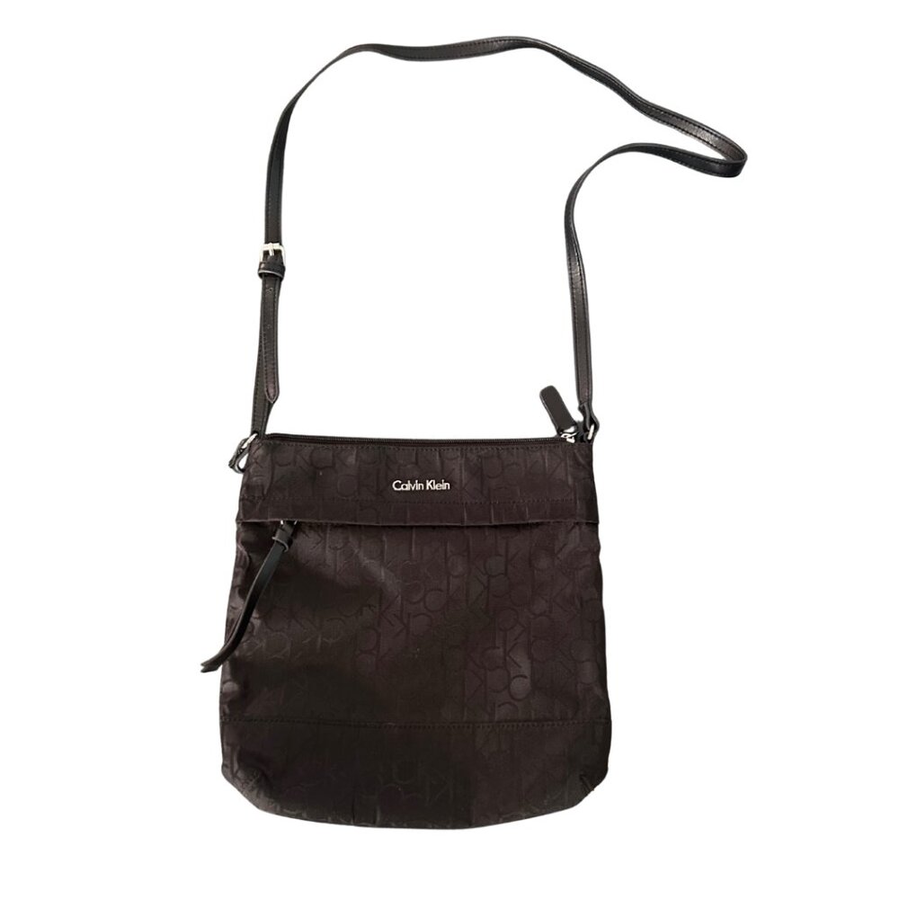 Calvin Klein Nylon Crossbody Bag Black Logo Lightweight Purse Silver Tone Zipper
